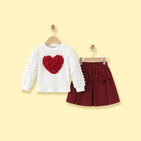 Girls White Heart Applique Long Sleeve Top with Pleated Skirt Sets 2 pc. Sets White 3-4 Y