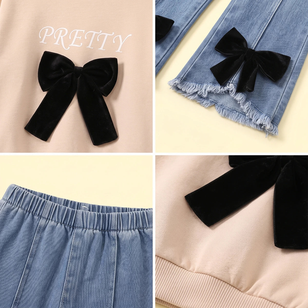 Girls Beige Bow Applique Sweatshirt With Denim Pants Sets 2 pc. Sets
