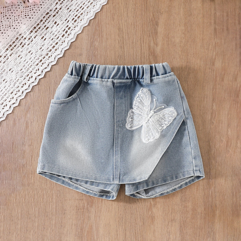 Girls White 3d Flowers Applique Crop Top With Denim Skorts Set Sets