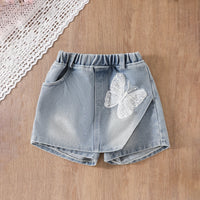 Girls White 3d Flowers Applique Crop Top With Denim Skorts Set Sets