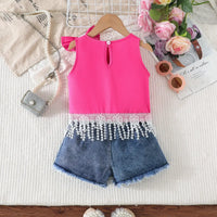Girls Fuchsia Pearl Bow Lace Top With Denim Shorts Sets Sets