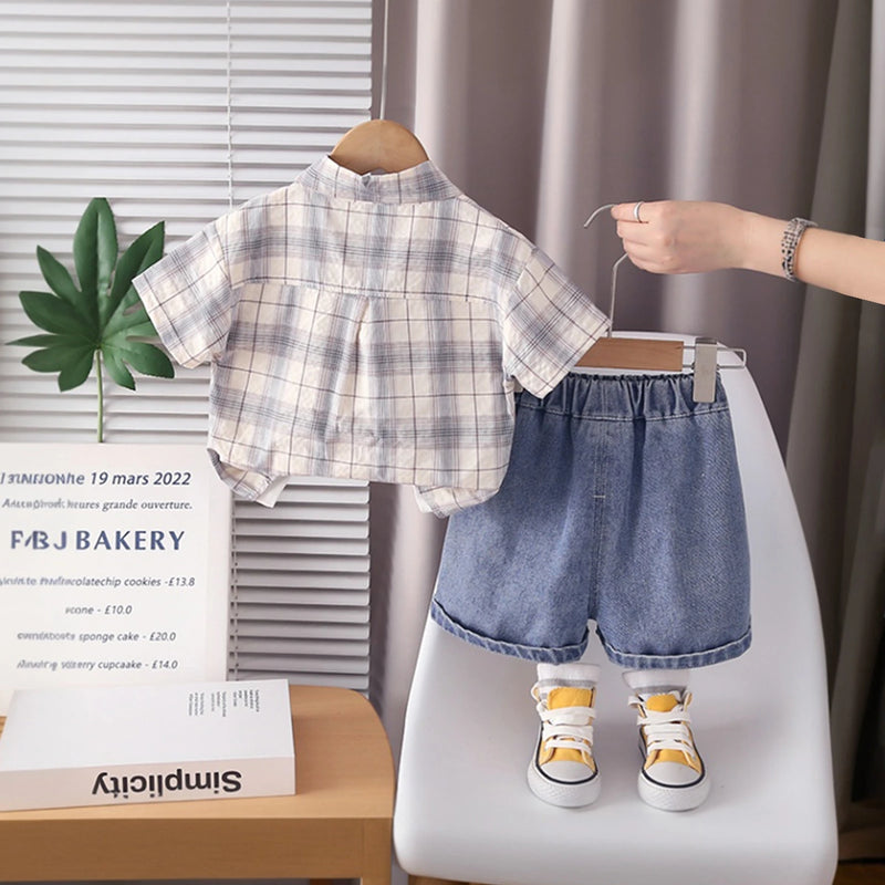 Boys Beige Checked Shirt With Printed T-Shirt & Denim Shorts Set Sets