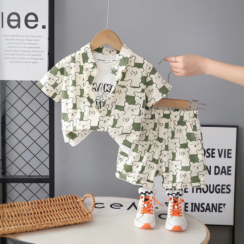 Boys Green Bear Printed Short Sleeve Shirt With Printed T-Shirt And Shorts Sets 3 pc. Sets Green 1-2 Y