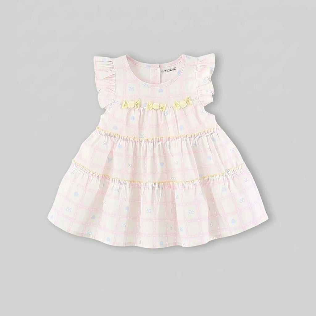 Girls Light Pink Checked Tiered Dress With Bow Details Casual Dresses