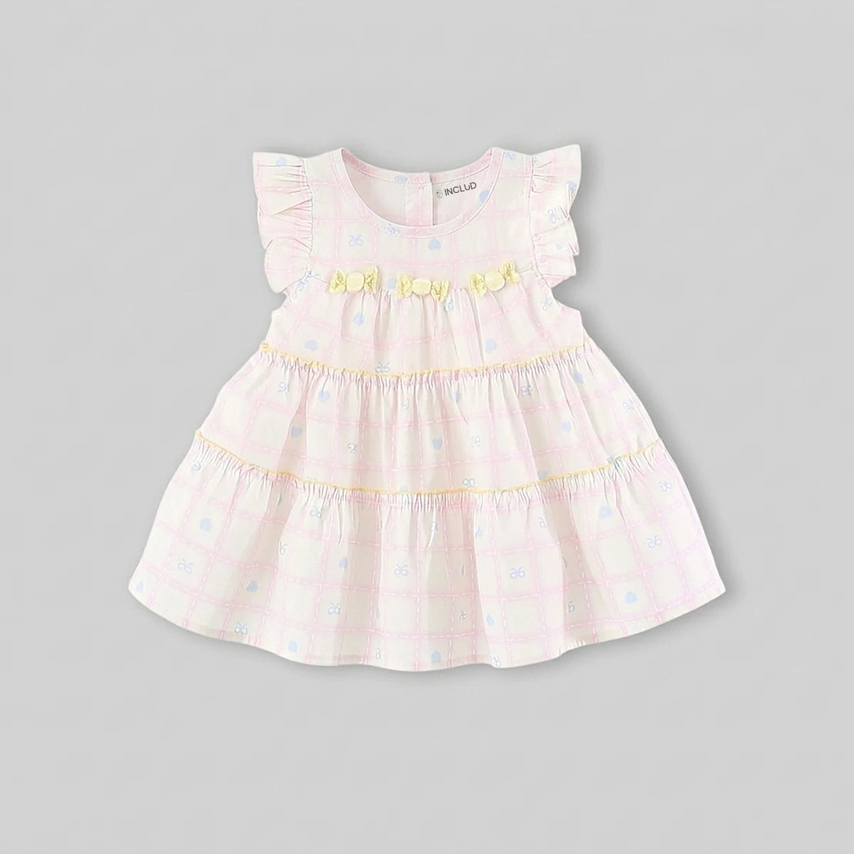 Girls Light Pink Checked Tiered Dress With Bow Details Casual Dresses