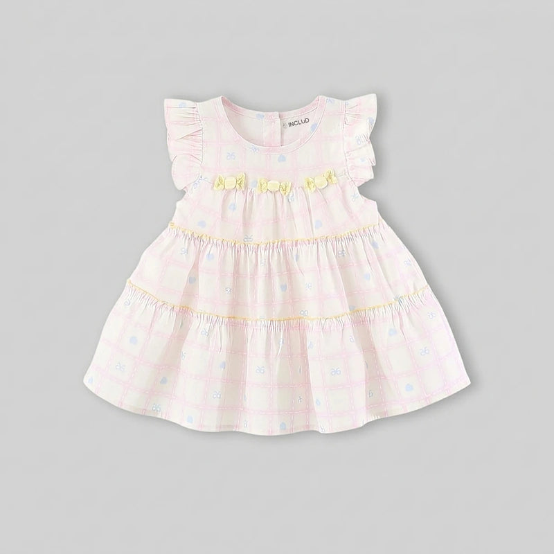 Girls Light Pink Checked Tiered Dress With Bow Details Casual Dresses