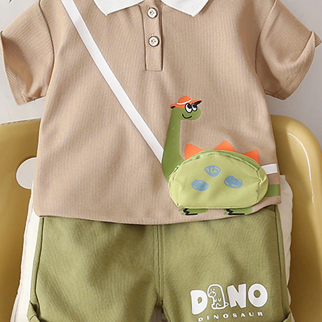 Boys Khaki Dinosaur Graphic Polo T-Shirt With Elasticated Shorts Sets Sets