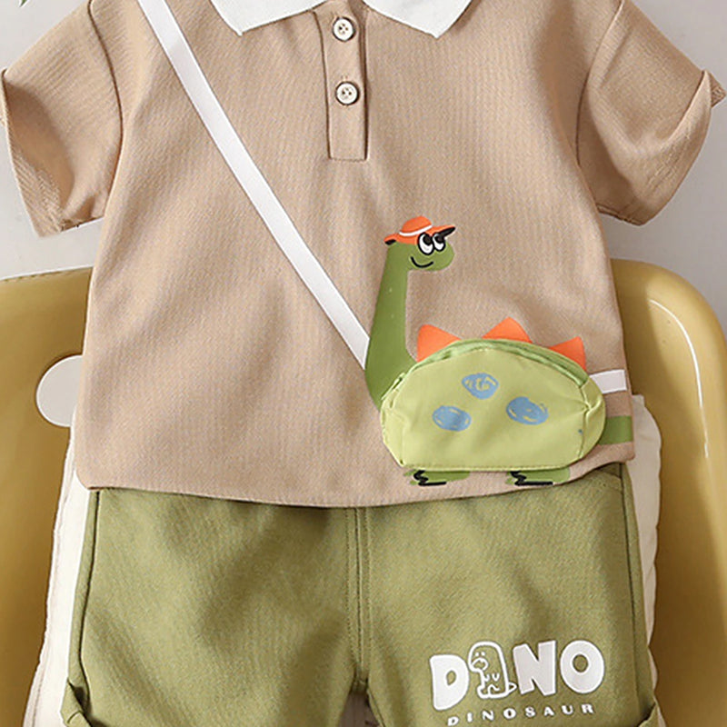 Boys Khaki Dinosaur Graphic Polo T-Shirt With Elasticated Shorts Sets Sets