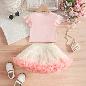 Girls Light Pink Pearl-Embellished Top With Tiered Tulle Tutu Skirt Sets Sets