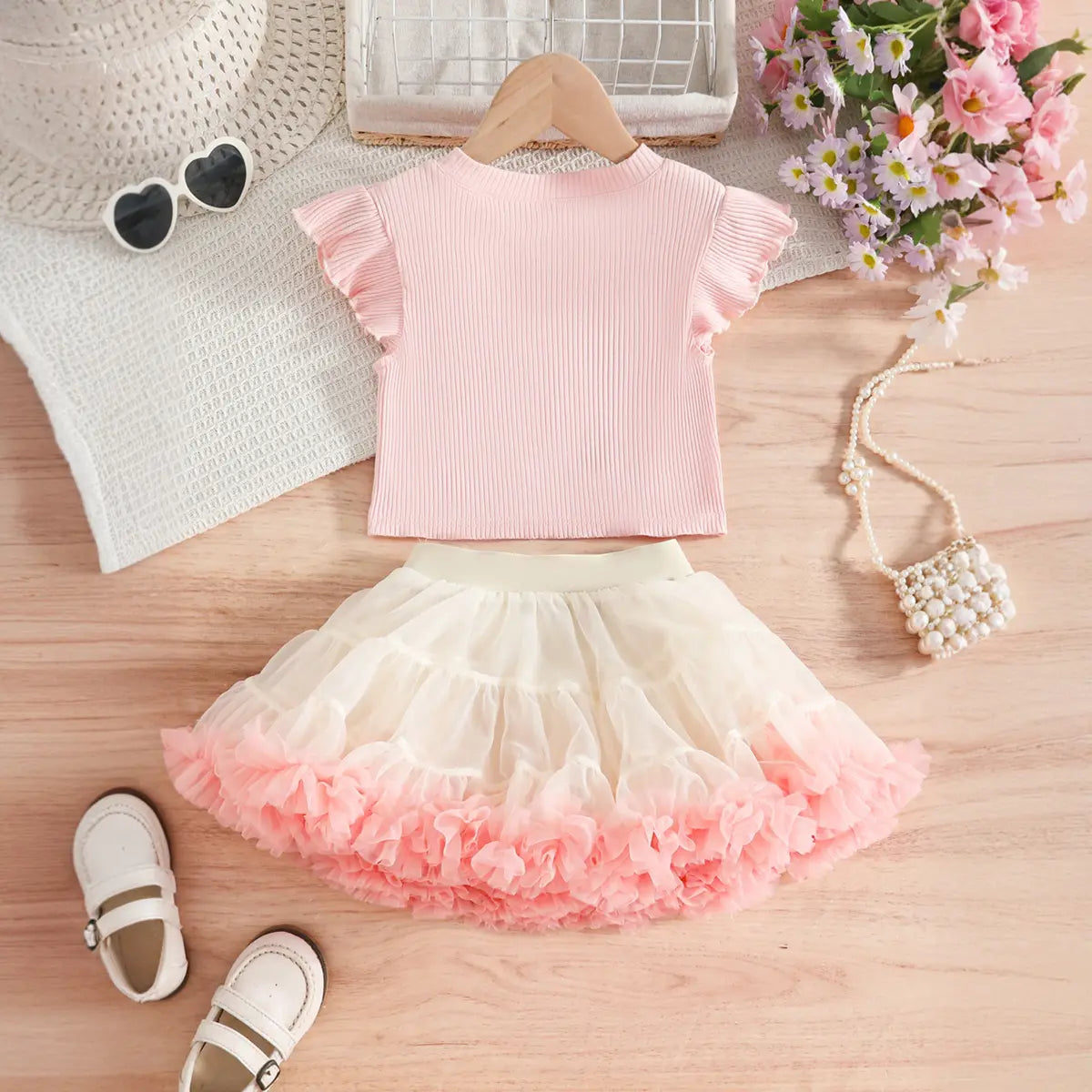 Girls Light Pink Pearl-Embellished Top With Tiered Tulle Tutu Skirt Sets Sets