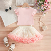 Girls Light Pink Pearl-Embellished Top With Tiered Tulle Tutu Skirt Sets Sets