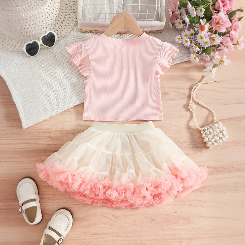 Girls Light Pink Pearl-Embellished Top With Tiered Tulle Tutu Skirt Sets Sets