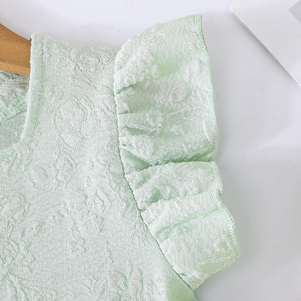 Girls Sea Green Floral Flutter Sleeves Square Neck Top With Shorts Set 2 pc. Sets