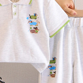 Boys Light Grey Animal Graphic Short Sleeve Polo T-Shirt With Elasticated Shorts Sets 2 pc. Sets