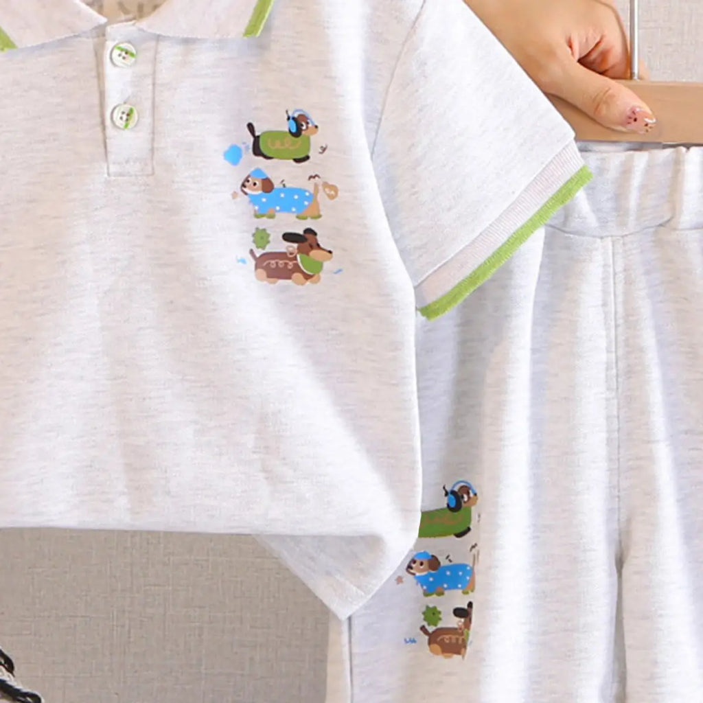 Boys Light Grey Animal Graphic Short Sleeve Polo T-Shirt With Elasticated Shorts Sets 2 pc. Sets