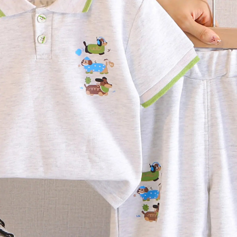 Boys Light Grey Animal Graphic Short Sleeve Polo T-Shirt With Elasticated Shorts Sets 2 pc. Sets