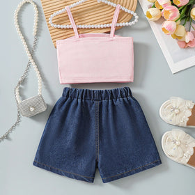 Girls Pink Bow Applique Crop Top With Embroidered Denim Shorts Set Sets