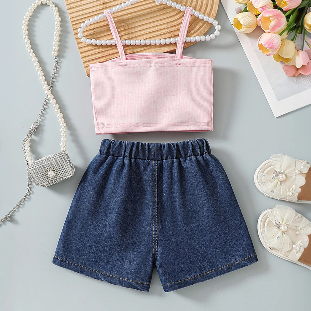 Girls Pink Bow Applique Crop Top With Embroidered Denim Shorts Set Sets