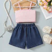 Girls Pink Bow Applique Crop Top With Embroidered Denim Shorts Set Sets