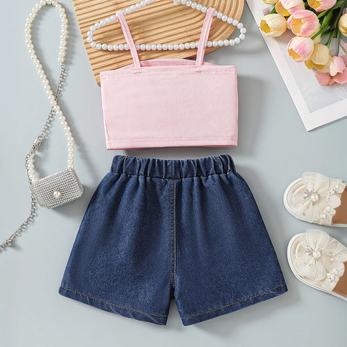 Girls Pink Bow Applique Crop Top With Embroidered Denim Shorts Set Sets