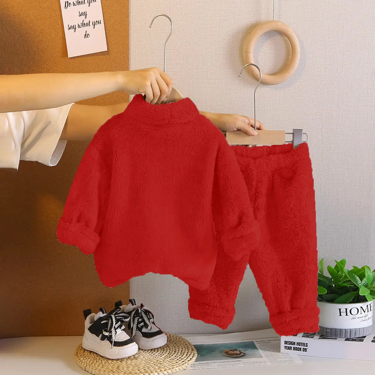 Girls Red Fleece Zip-up Jacket With Jogger Co-ord Sets Sets