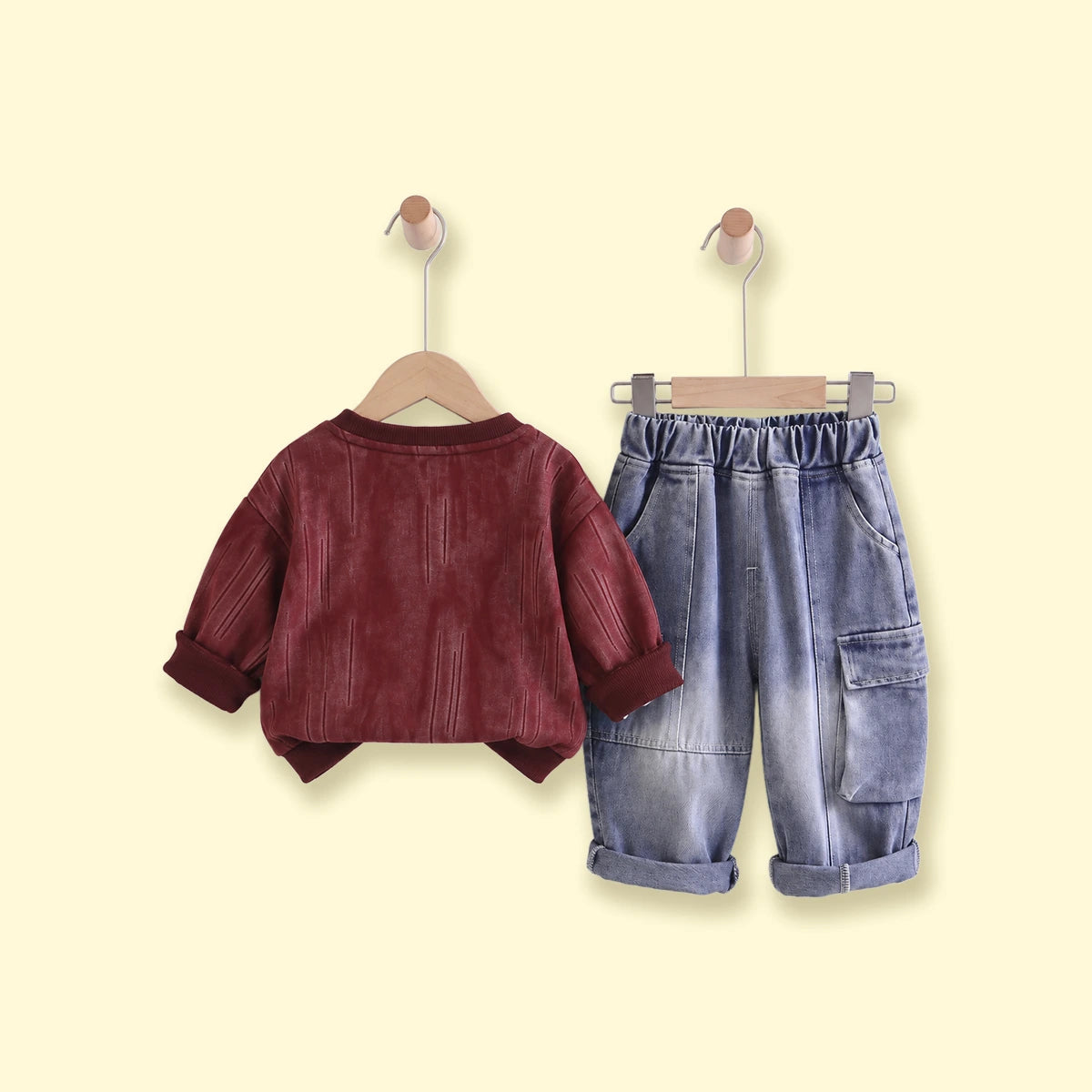 Boys Maroon Typography Sweatshirt With Denim Pants Sets 2 pc. Sets