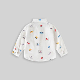 Boys White Car Print Long Sleeve Shirt Shirts
