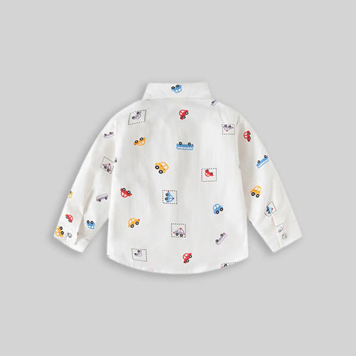 Boys White Car Print Long Sleeve Shirt Shirts