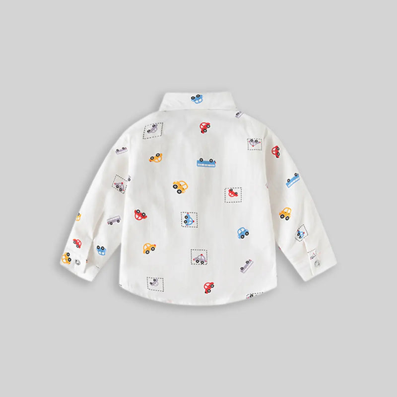 Boys White Car Print Long Sleeve Shirt Shirts