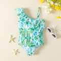 Girls Green Tropical Printed One Shoulder Swimwear Bodysuit Beachwear Green 1-2 Y