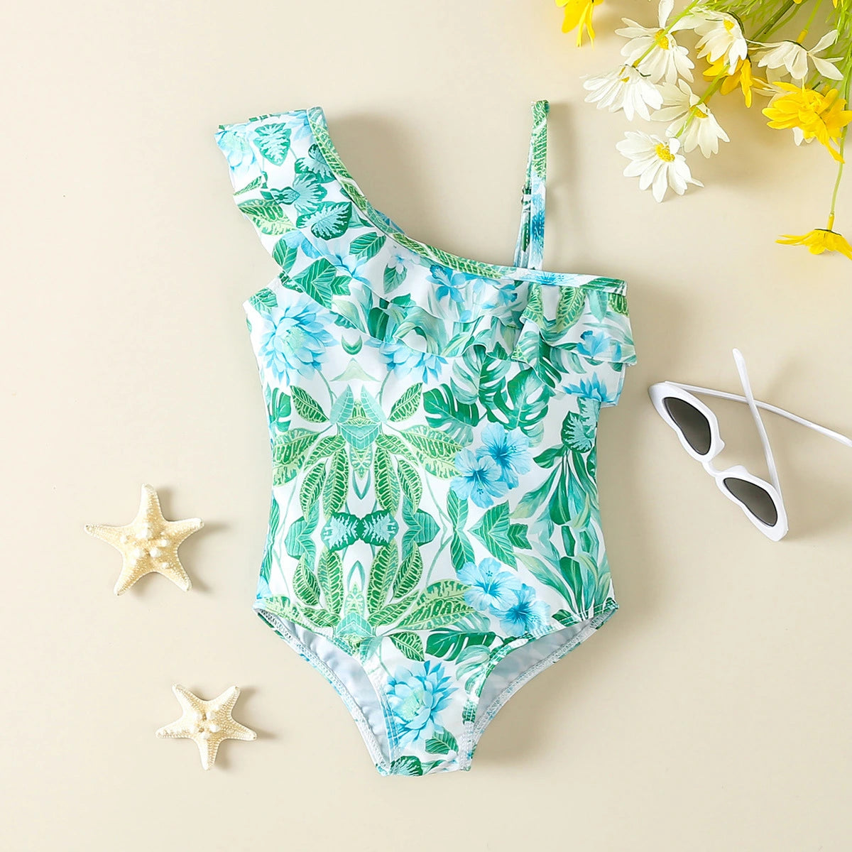 Girls Green Tropical Printed One Shoulder Swimwear Bodysuit Beachwear Green 1-2 Y