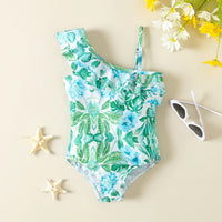 Girls Green Tropical Printed One Shoulder Swimwear Bodysuit Beachwear Green 1-2 Y