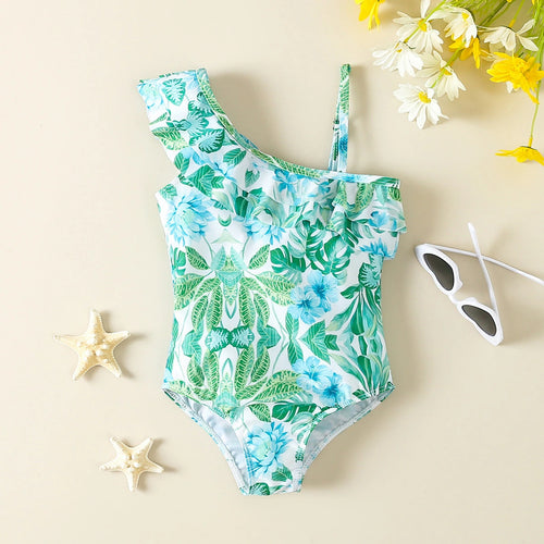 Girls Green Tropical Printed One Shoulder Swimwear Bodysuit Beachwear Green 1-2 Y