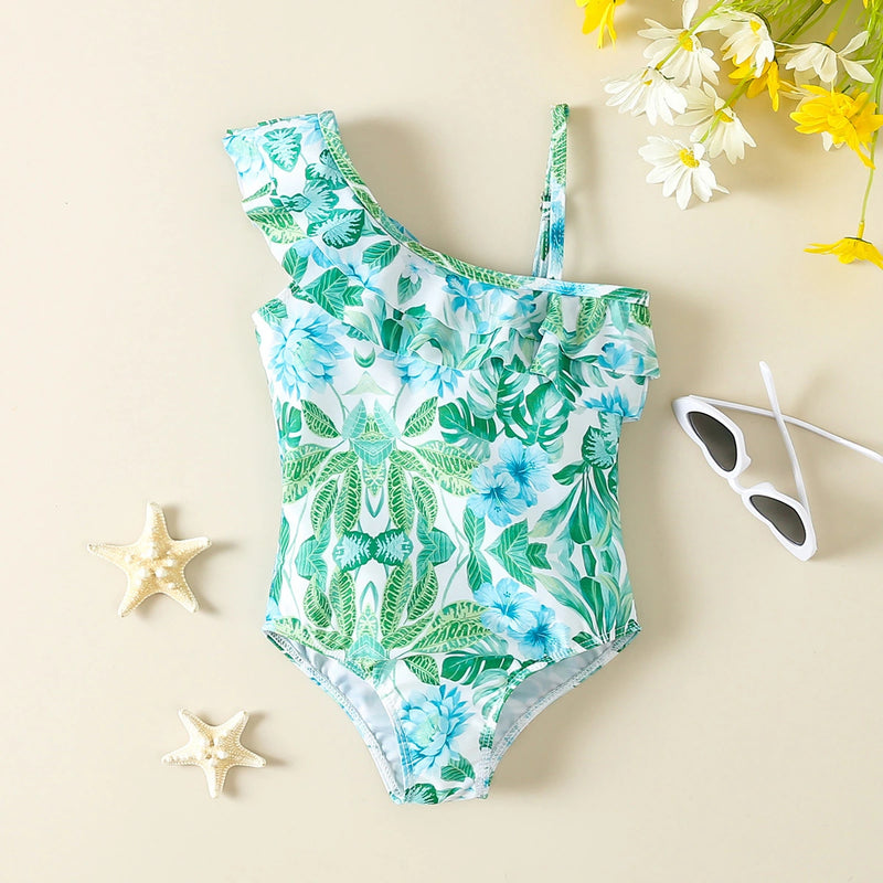 Girls Green Tropical Printed One Shoulder Swimwear Bodysuit Beachwear Green 1-2 Y