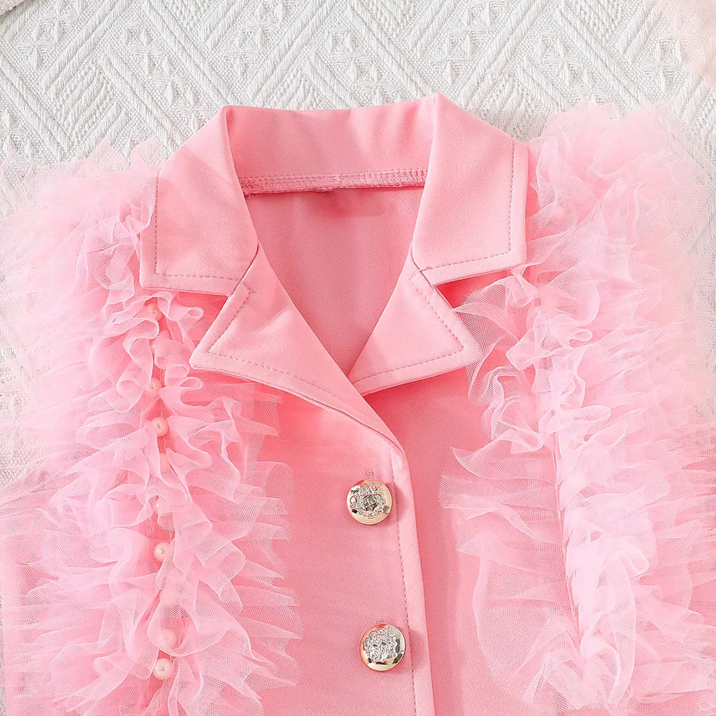 Girls Pink Embellished Ruffled Blazer Vest With Pleated Skirt & Camisole Top Sets Sets