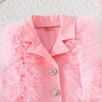 Girls Pink Embellished Ruffled Blazer Vest With Pleated Skirt & Camisole Top Sets Sets