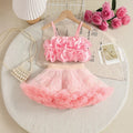 Girls Pink 3D Floral Ruffle Top With Tiered Tulle Tutu Skirt Sets Sets Pink 2-3 Y