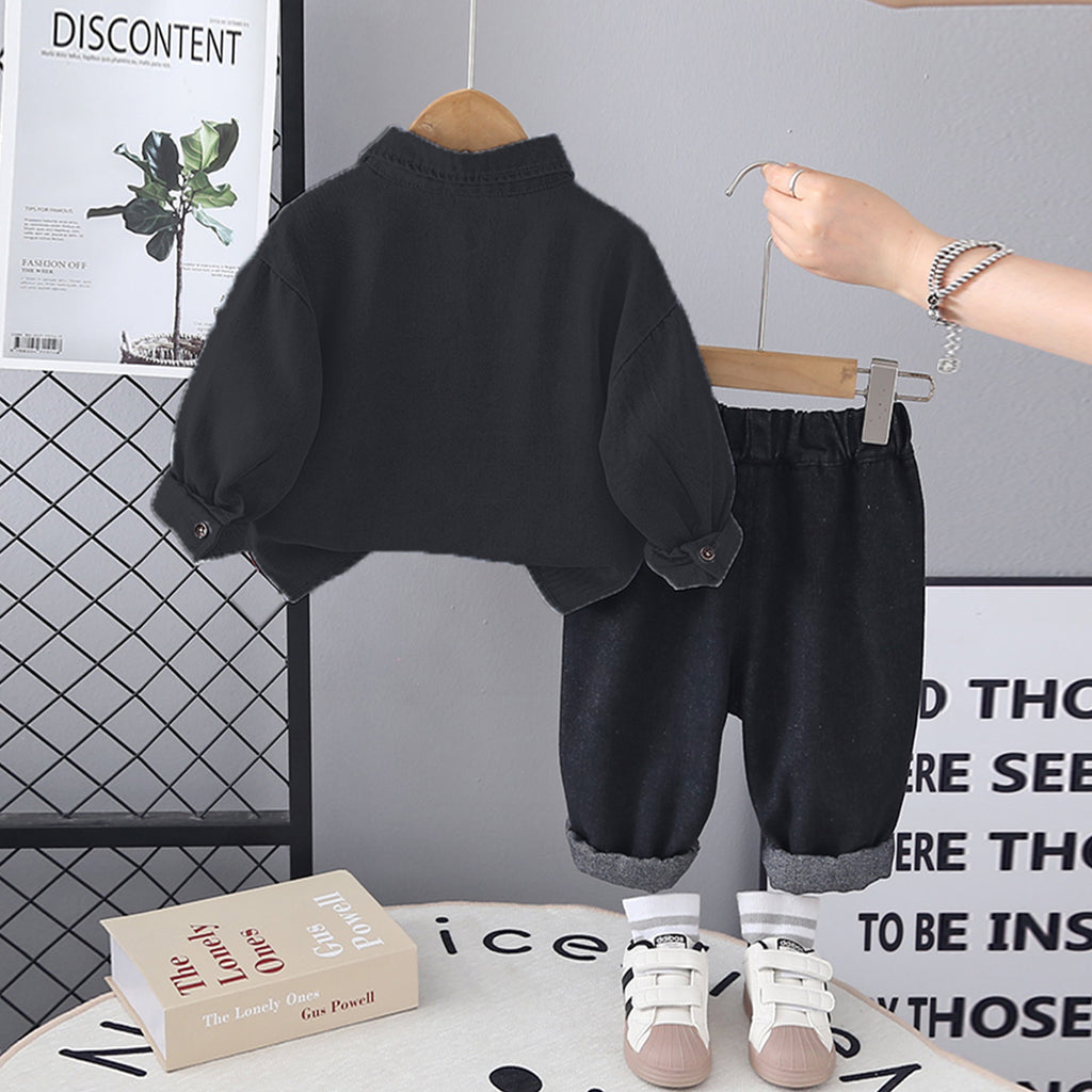 Boys Black Denim Typographic Printed Shirt With T-Shirt & Denim Pants Set Sets