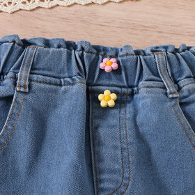 Girls Yellow Sleeveless Ruffled Top With Embroidered Denim Pants Set Sets