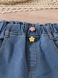 Girls Yellow Sleeveless Ruffled Top With Embroidered Denim Pants Set Sets
