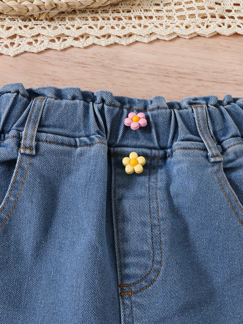 Girls Yellow Sleeveless Ruffled Top With Embroidered Denim Pants Set Sets