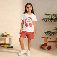 Girls White Headphones Printed T-Shirt With Cargo Shorts Sets Sets