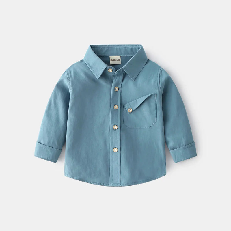 Boys Light Blue Long Sleeves Shirts With Angled Patch Pocket Shirts