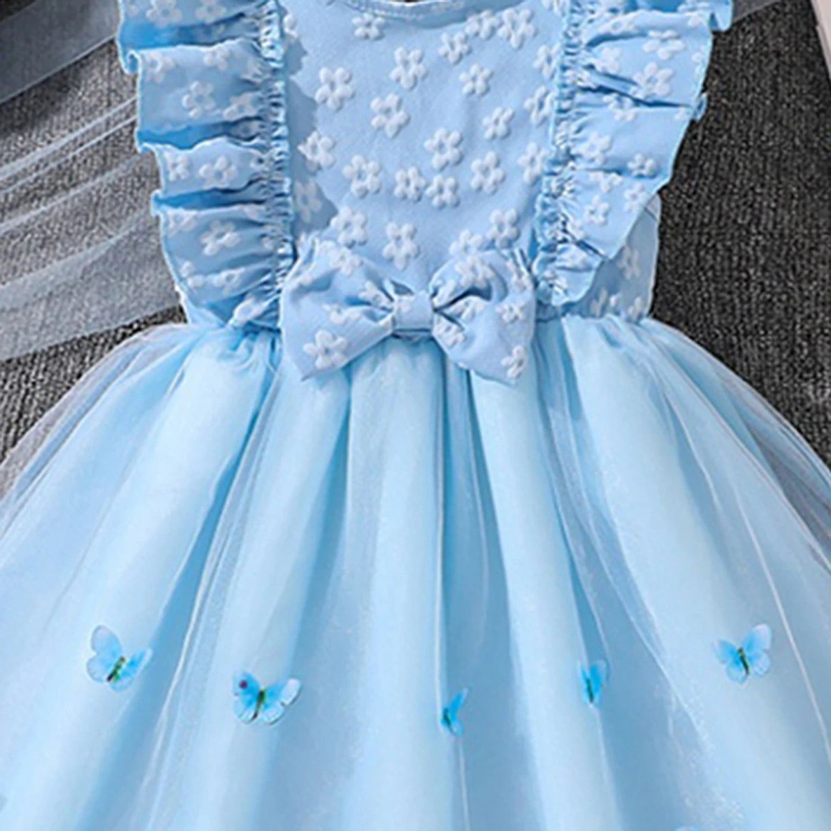 Girls Sky Blue Butterfly Applique Flutter Sleeve Fit & Flare Party Dress Party Dresses