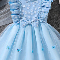 Girls Sky Blue Butterfly Applique Flutter Sleeve Fit & Flare Party Dress Party Dresses