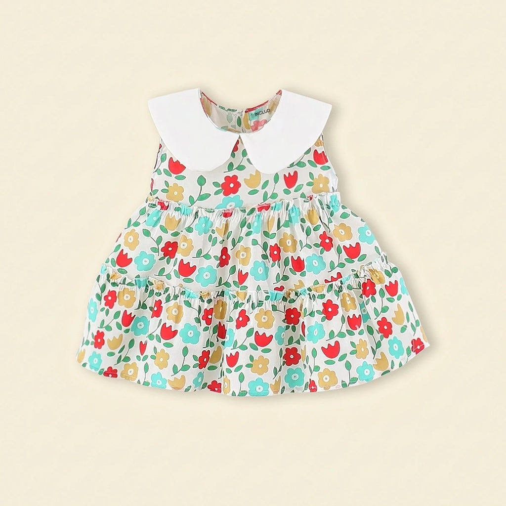 Girls Multicolor Floral Print Fit & Flare Tiered Dress Casual Dresses