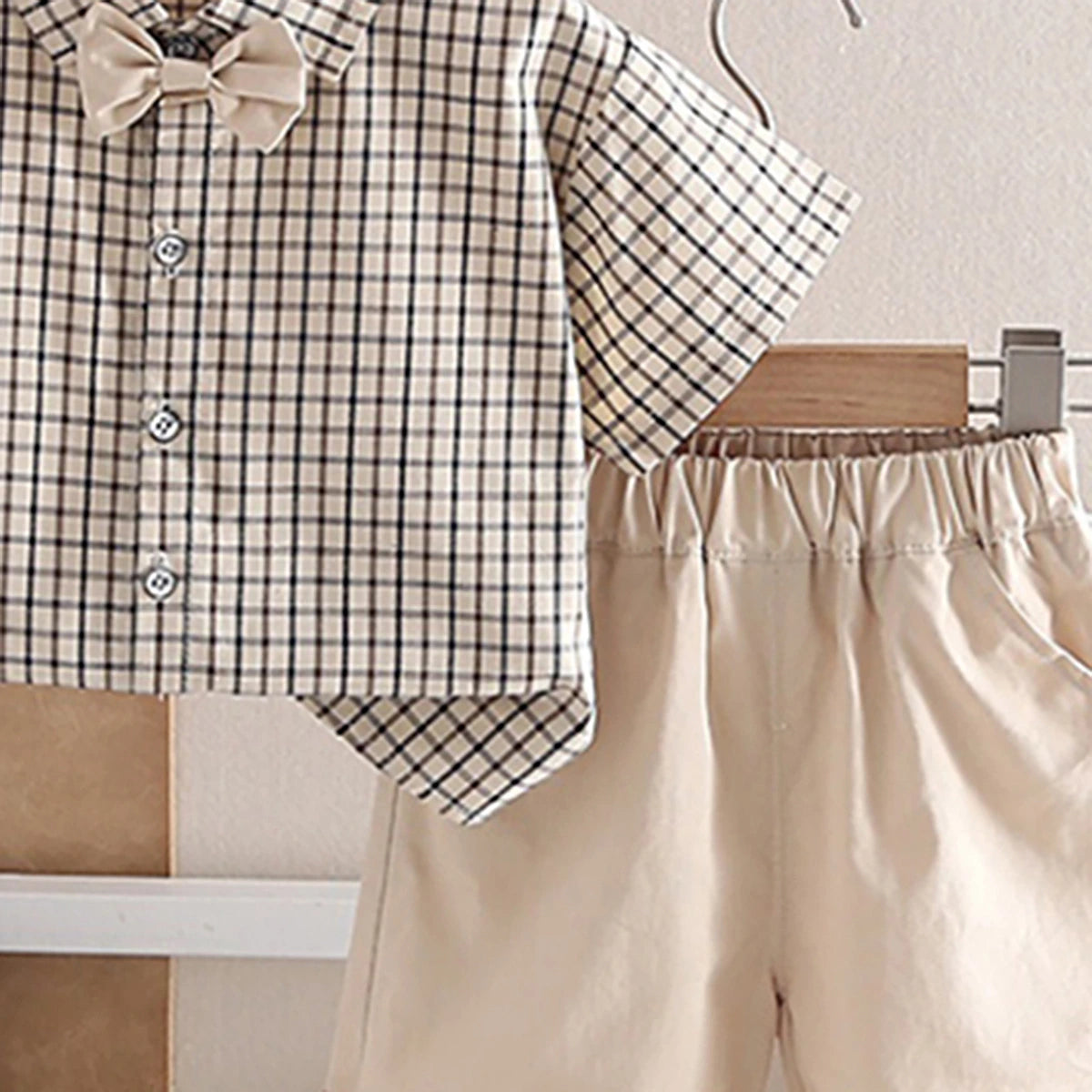 Boys Beige Checked Short Sleeve Shirt with Shorts Sets 2 pc. Sets