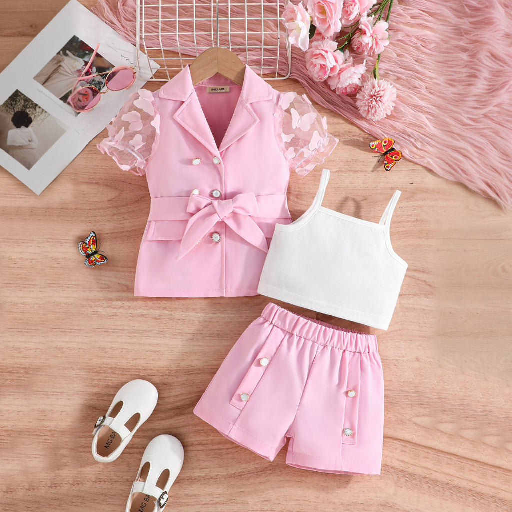 Girls Pink Short Sleeve Jackets With Camisole Top And Shorts Sets 3 pc. Sets Pink 3-4 Y