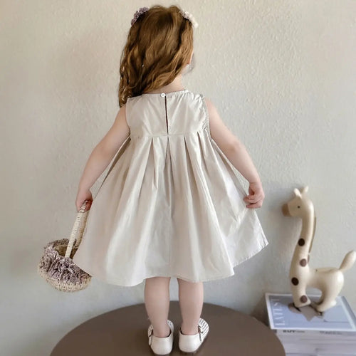 Girls Beige Pleated Sleeveless A-Line Dress With Bow Details Casual Dresses