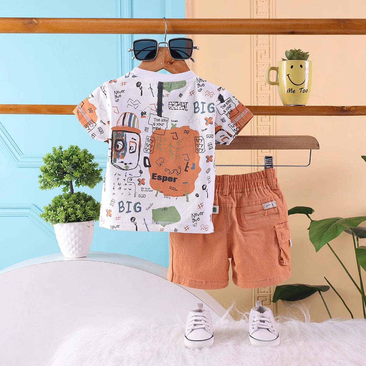 Boys Brown Typographic Printed T-Shirt With Twill Shorts Sets 2 pc. Sets
